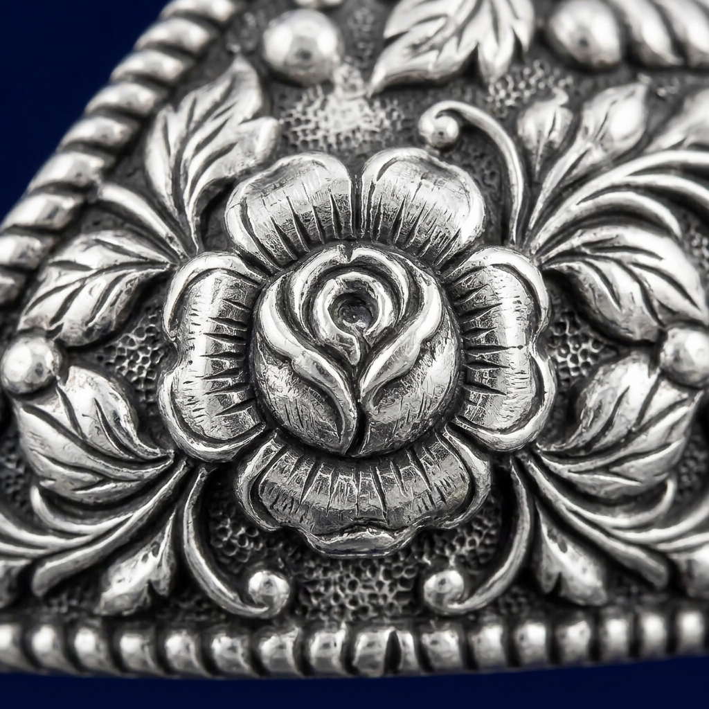 Macro detail of the chased relief on The Anantha Kada